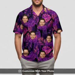 Man in black and purple Hawaiian shirt with custom face and large pink leaves