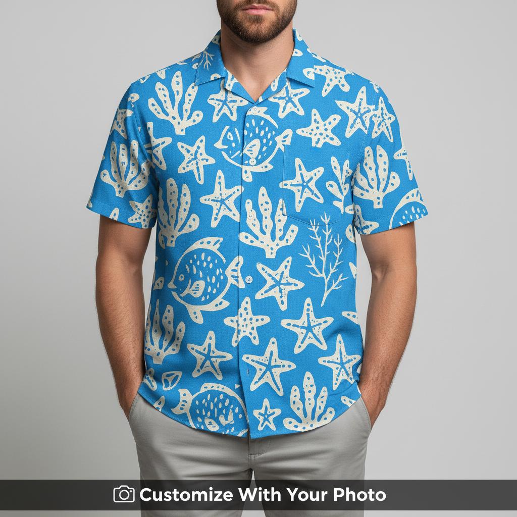 Man in bright blue Hawaiian shirt with white fish, starfish and coral design, outside in sun
