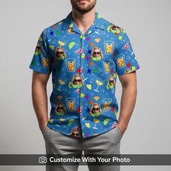 Man in blue Hawaiian shirt with cocktail glasses, faces, lime slices and vibrant summer colors