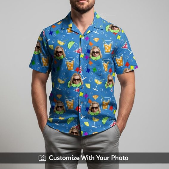 Man in blue Hawaiian shirt with cocktail glasses, faces, lime slices and vibrant summer colors