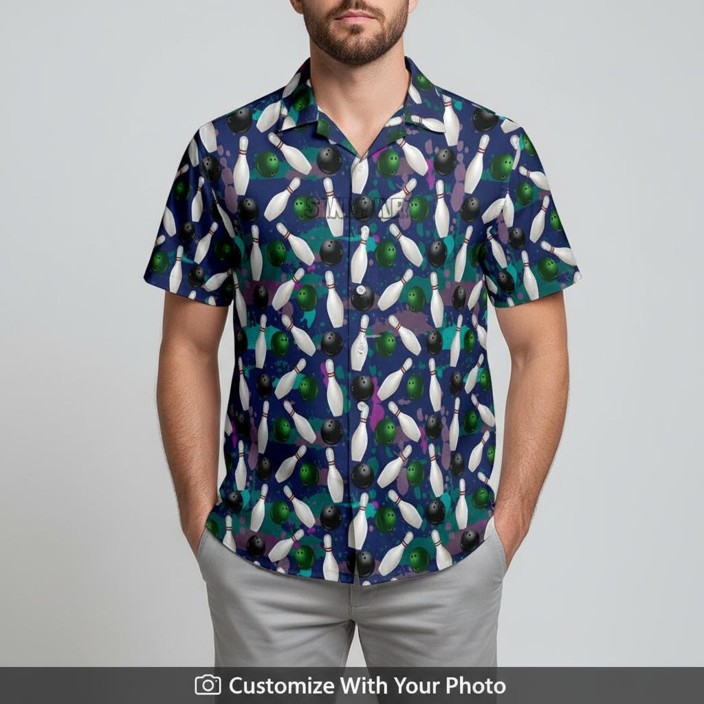 Man in trendy bowling Hawaiian shirt featuring blue, green, and purple bowling motifs