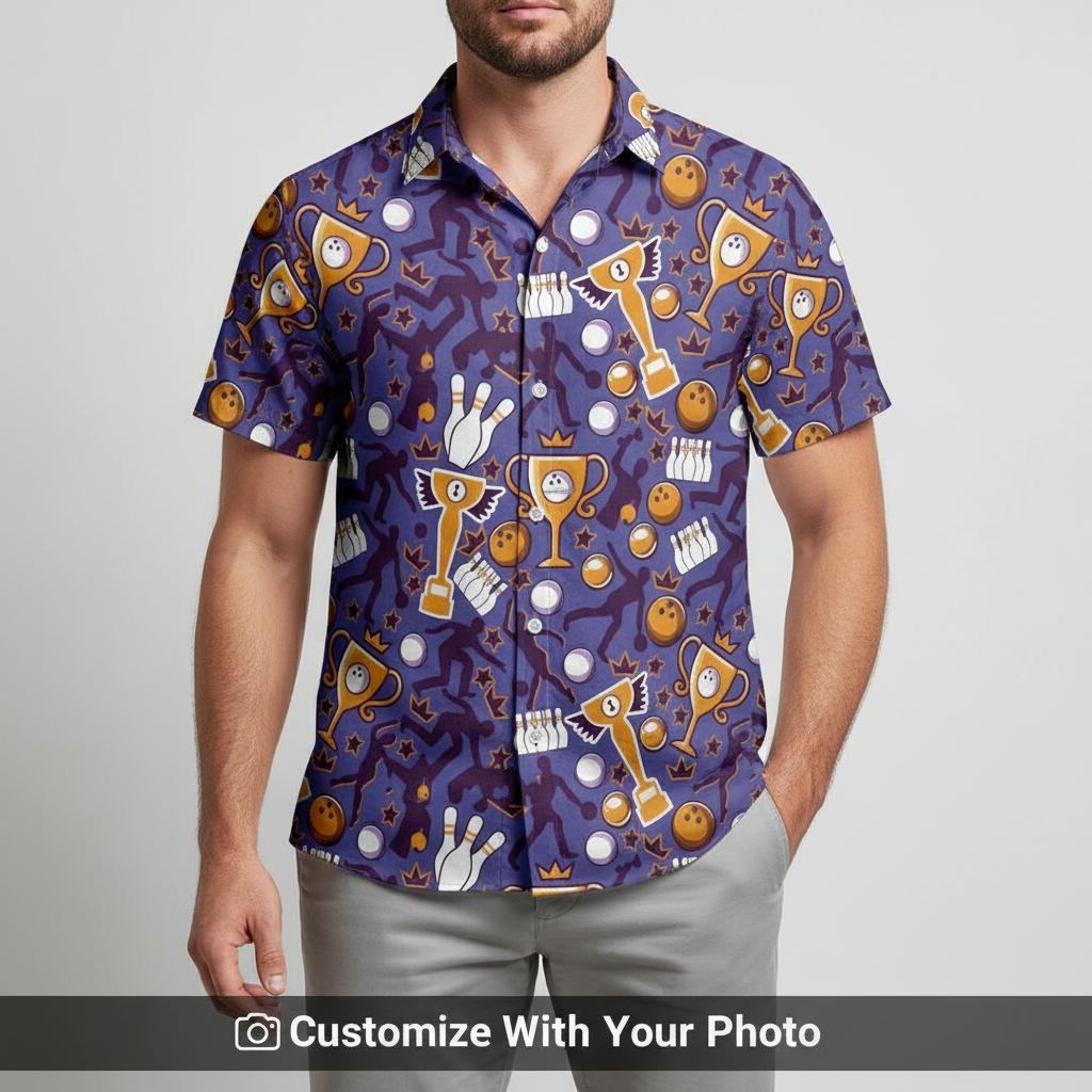 Man wearing a bowling-themed Hawaiian shirt with bowling balls, pins, and abstract shapes