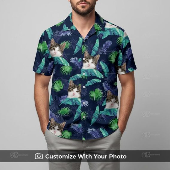 Man wearing a custom cat Hawaiian shirt with pet face design and green jungle leaves