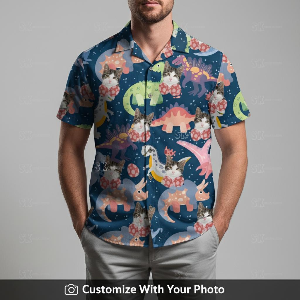 cat hawaiian shirt — cartoon dinosaur print tropical pattern man wearing