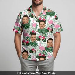 Man in flamingo hawaiian shirt custom face green leaves and vibrant pink flowers