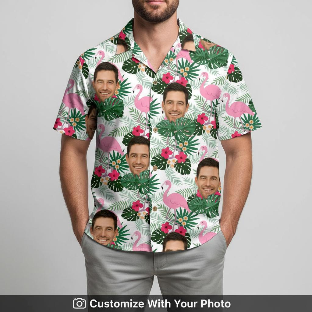 Man in flamingo hawaiian shirt custom face green leaves and vibrant pink flowers