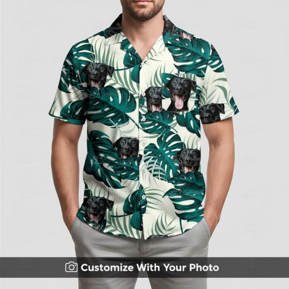 Man in white and green Hawaiian shirt with custom dog face and large green leaves