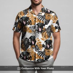 Man in custom dog Hawaiian shirt with tropical leaves and orange-white pattern