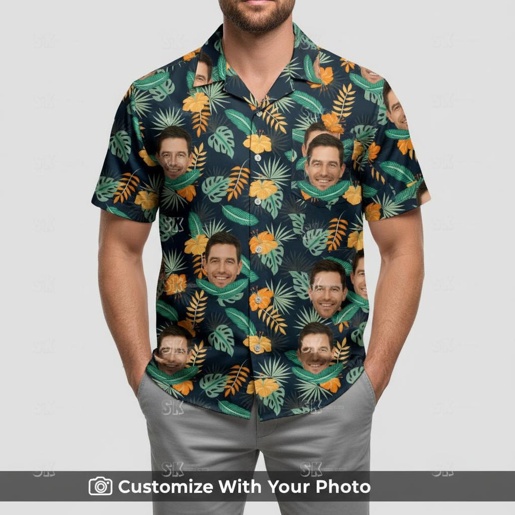 Man in custom face floral Hawaiian shirt with orange hibiscus and tropical leaves