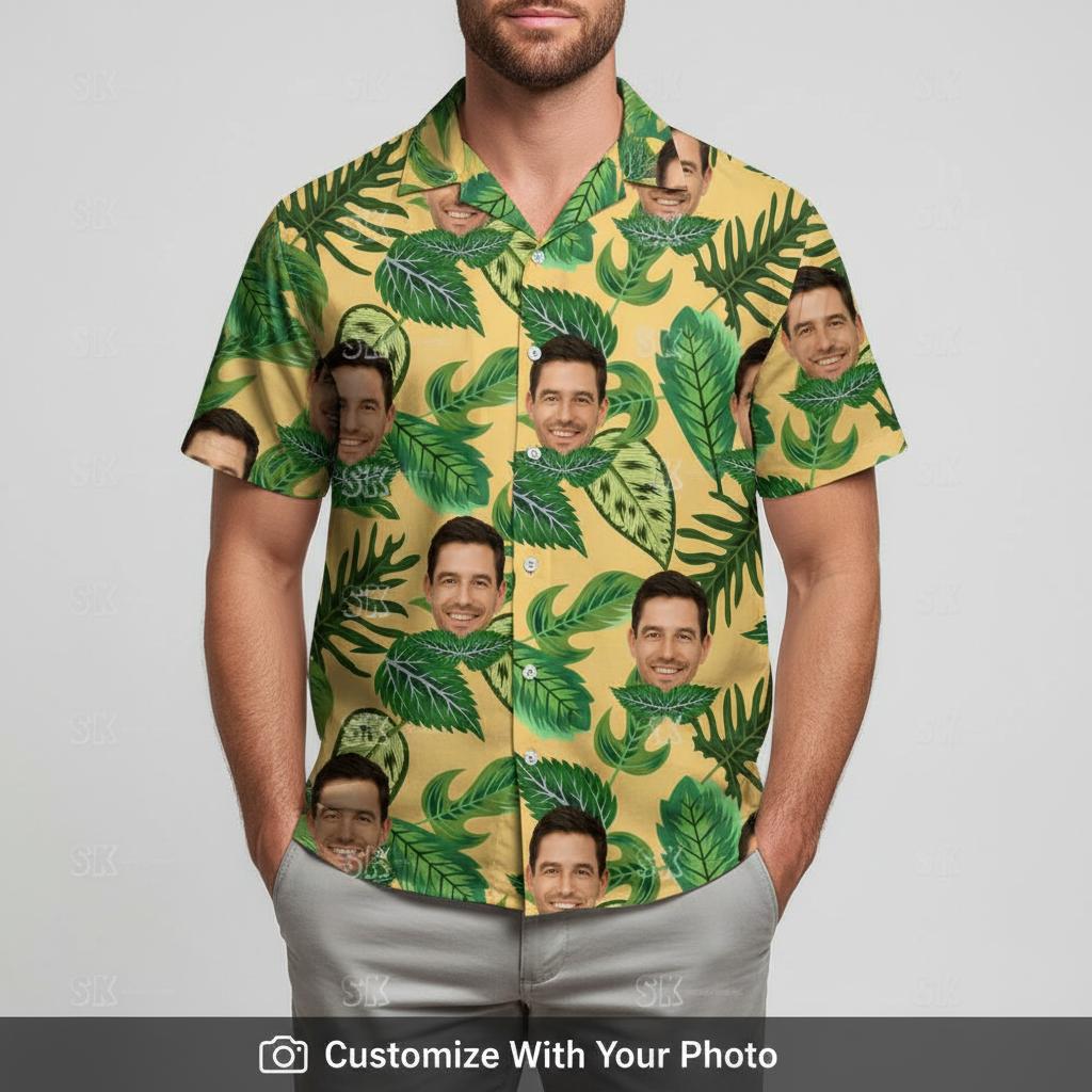 Custom Hawaiian Shirts with Pictures - Your Face Among Tropical Leaves ALT: T-Rex dinosaur Hawaiian shirt with dog face funny design for parties - funny hawaiian shirts