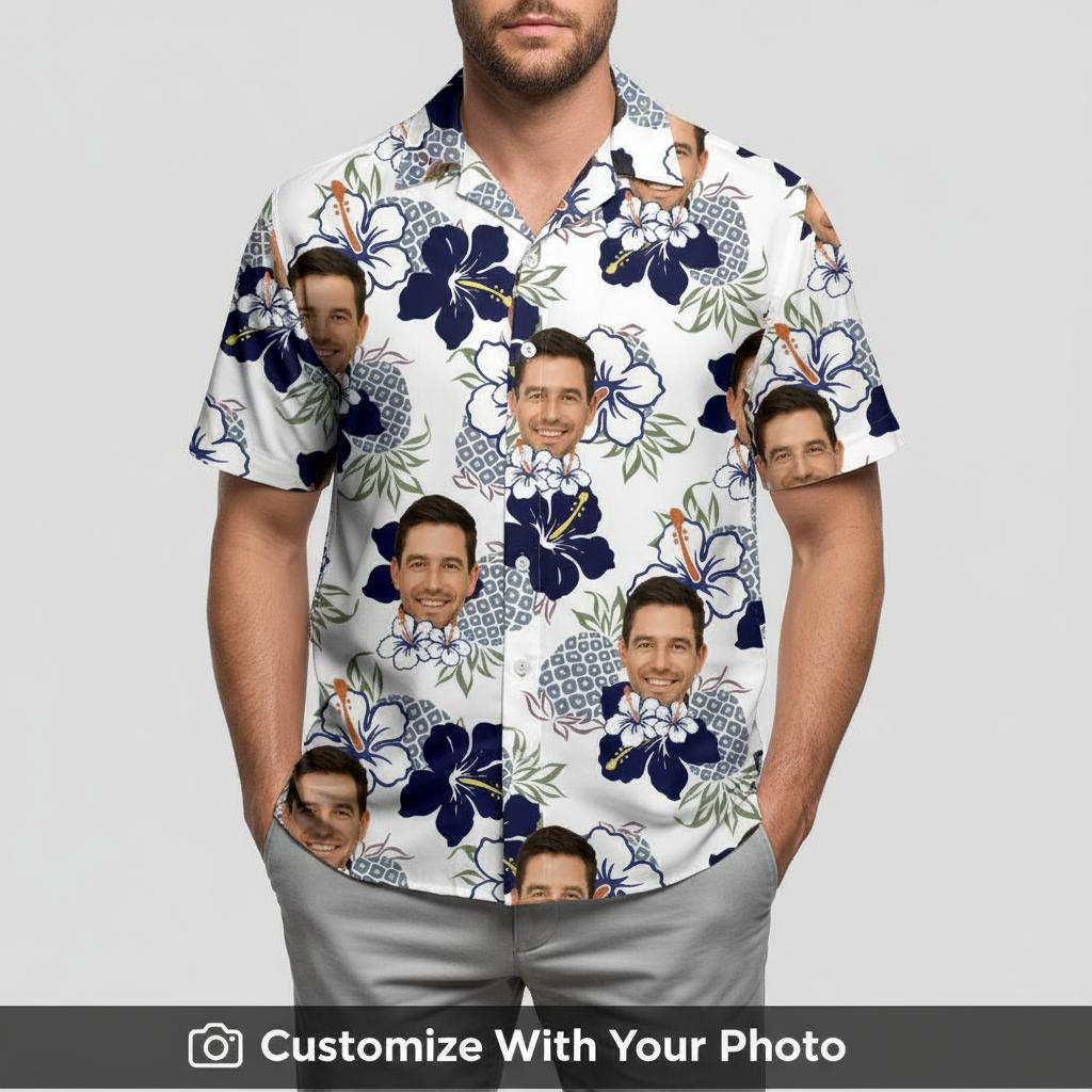 Man in custom face Hawaiian Aloha shirt with dark blue, white, and green floral print