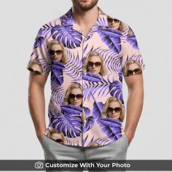 Man in purple custom face Hawaiian shirt with pink and purple tropical leaves