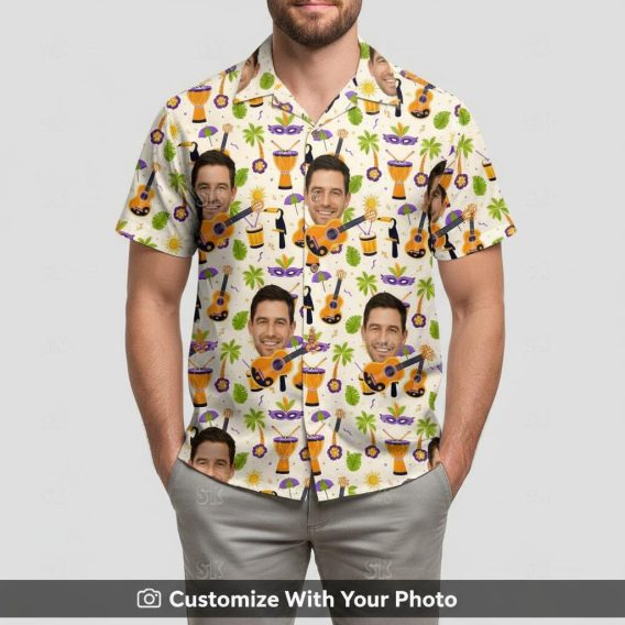 Man in custom made Hawaiian shirt with face, orange and purple tropical pattern