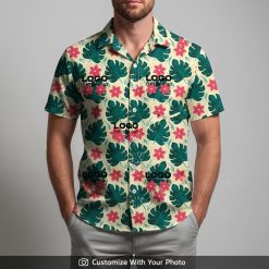 Man wearing personalized Hawaiian shirt with custom logo, monstera leaves, pink flowers