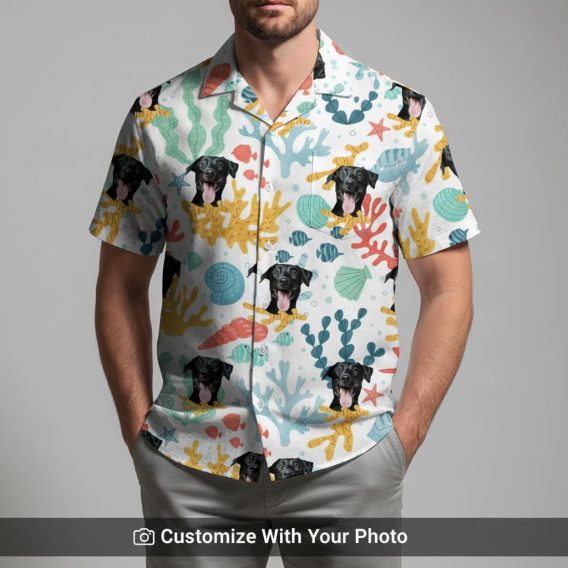 Man in custom Spongebob Hawaiian shirt with yellow dog face and tropical sea designs