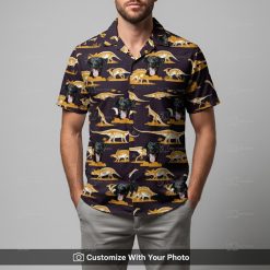 Man in Dinosaur Hawaiian shirt featuring black dog faces and gold skeleton outlines
