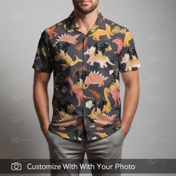 Man in dinosaur Hawaiian shirt with dog face, dark blue background and tropical florals