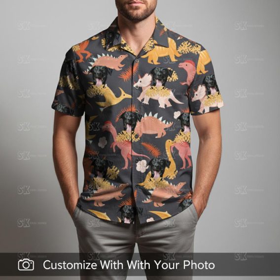 Man in dinosaur Hawaiian shirt with dog face, dark blue background and tropical florals