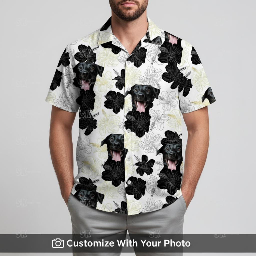 Dog Face Hawaiian Shirt Black White Custom Photo Mens Shirt Design ALT: mens funny hawaiian shirts beer sloth design tropical pattern