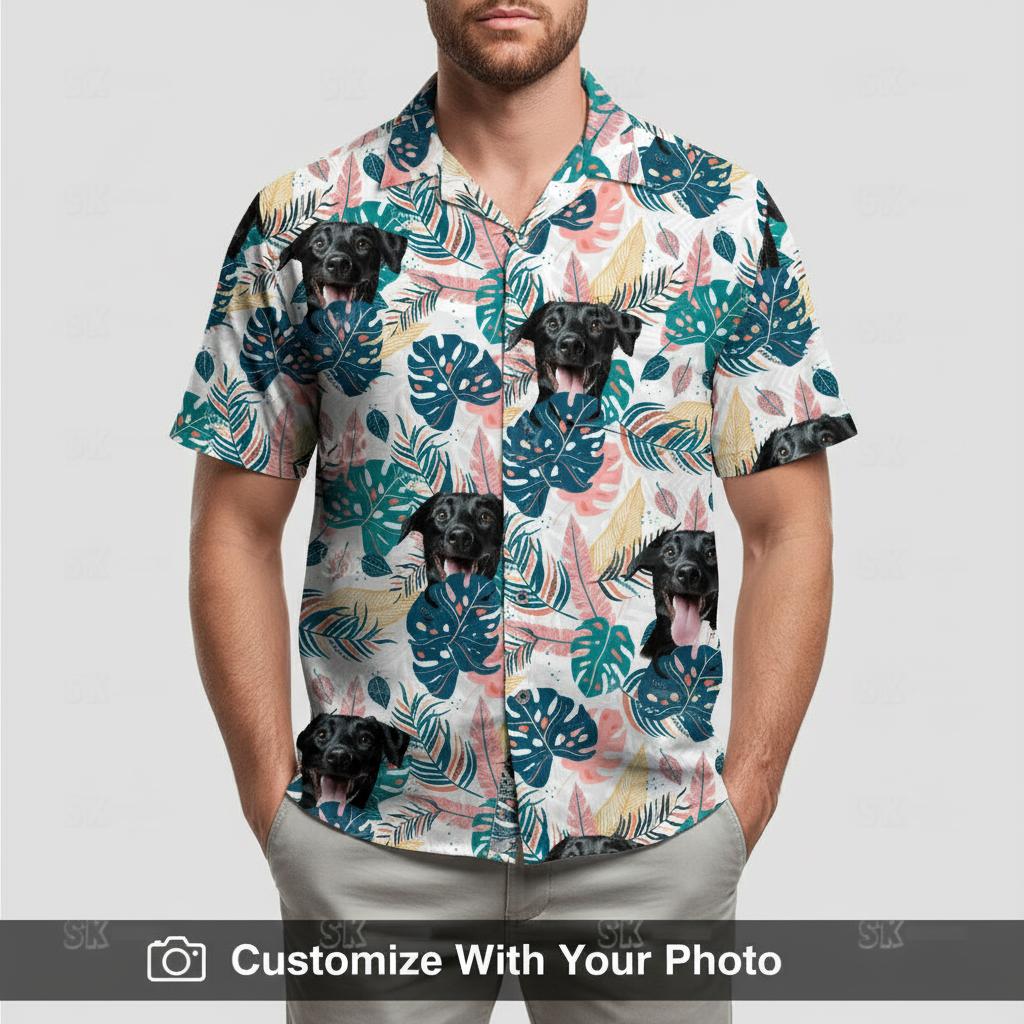 dog face hawaiian shirt — white tropical shirt with dog pattern man wearing