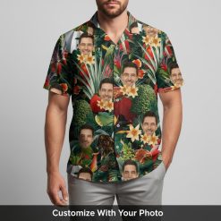 Man wearing custom face tropical fruit Hawaiian shirt with green leaves and red berries