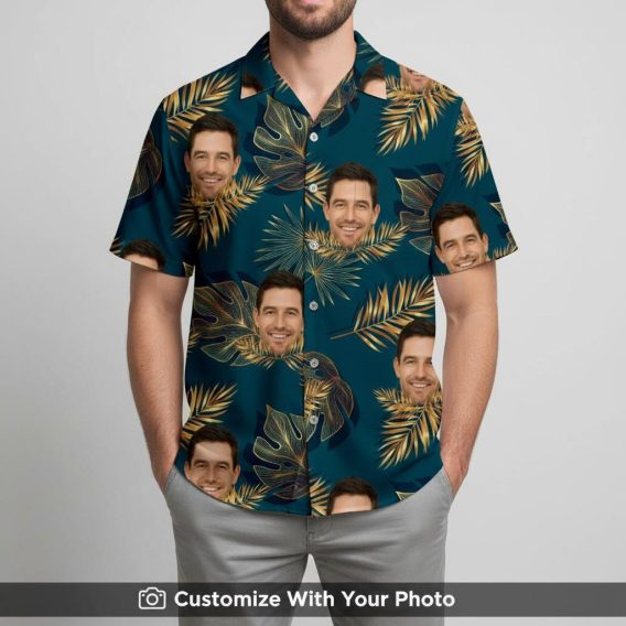 Man in tropical green Hawaiian shirt with custom face and yellow palm fronds