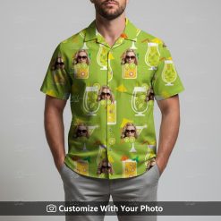 Man in green Hawaiian shirt with sunglasses face and tropical drink pattern
