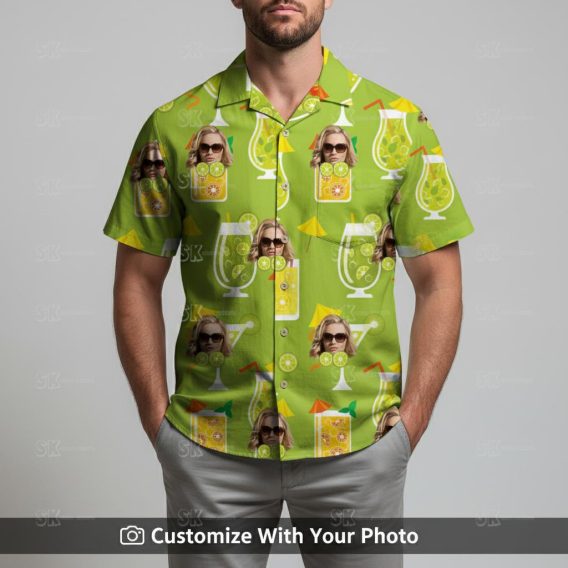 Man in green Hawaiian shirt with sunglasses face and tropical drink pattern
