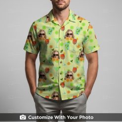 Man in green Hawaiian shirt featuring cocktails, custom face with sunglasses, citrus pattern