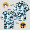 Close-up mens hawaiian cat shirt with blue butterflies, cat faces, dog faces, and leaf shapes