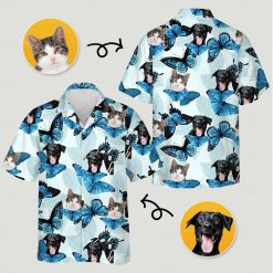 Close-up mens hawaiian cat shirt with blue butterflies, cat faces, dog faces, and leaf shapes
