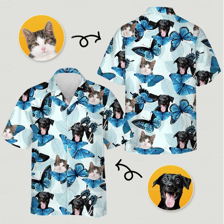 Mens Hawaiian Cat Shirt Blue Butterfly Pattern Custom Face Photo Print
