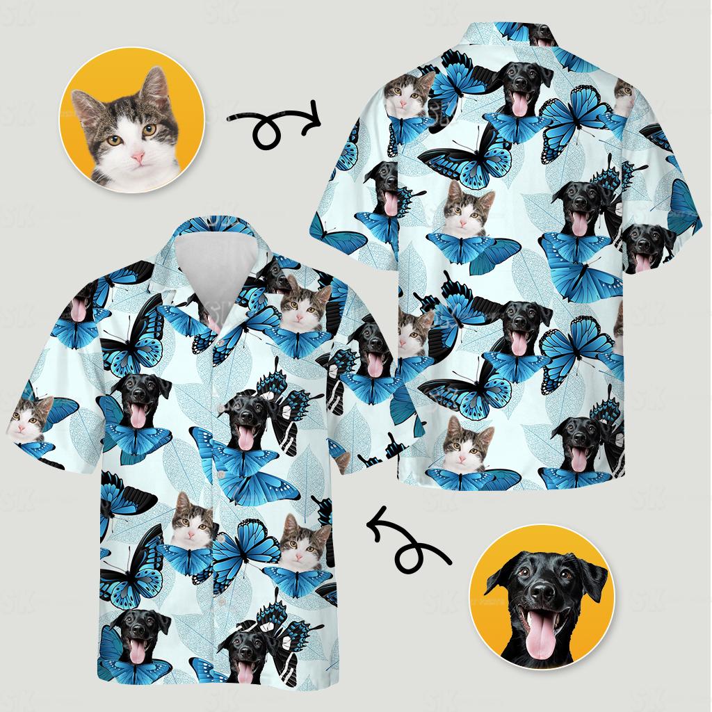 Close-up mens hawaiian cat shirt with blue butterflies, cat faces, dog faces, and leaf shapes