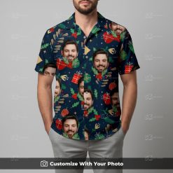 Man in a custom funny Hawaiian shirt with Christmas ornaments and face print