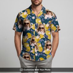 Man in custom Hawaiian shirt with yellow lemons and sunglasses face pattern