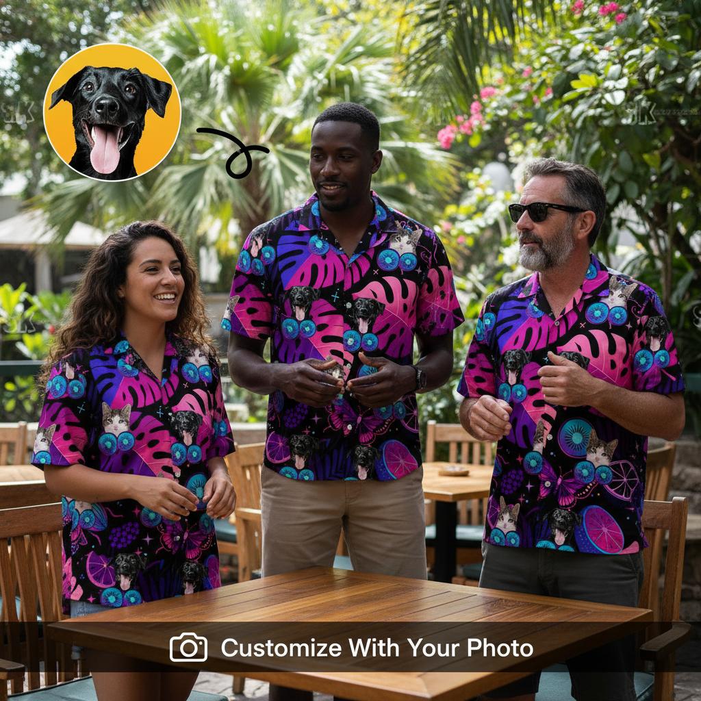 Family group wearing matching mens hawaiian shirts nearby wooden restaurant patio