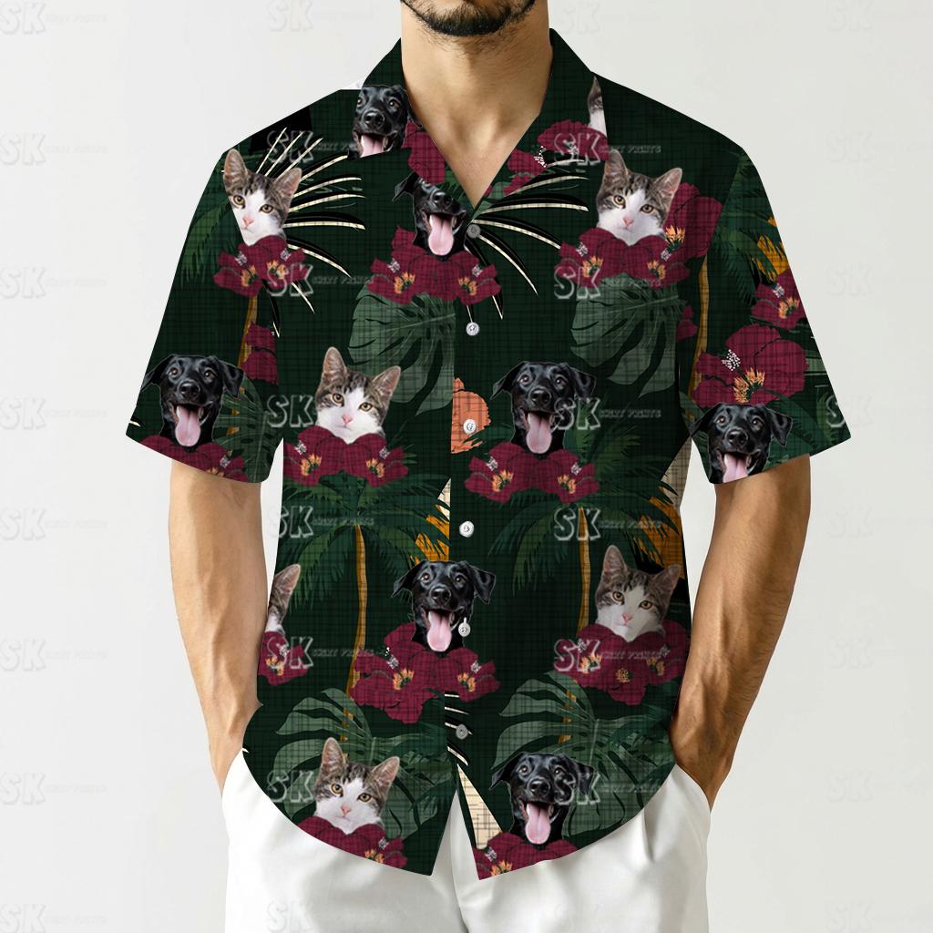 Dark green mens hawaiian style shirts featuring cat dog faces hibiscus flowers palm leaves
