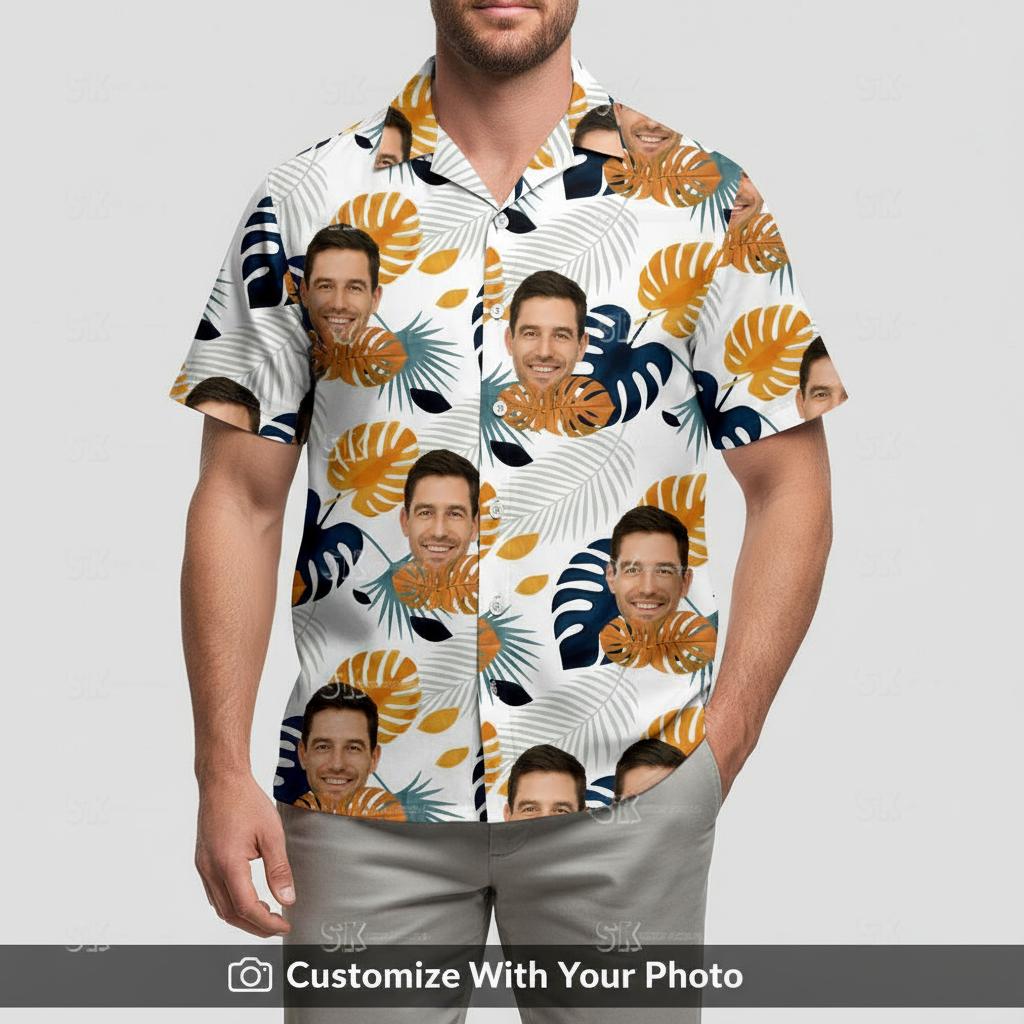 Man in white long sleeve tropical Hawaiian shirt with custom face and leaves