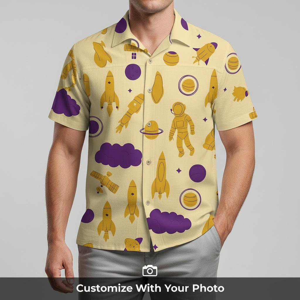 Man in Mandalorian Grogu Hawaiian shirt with yellow and purple space design