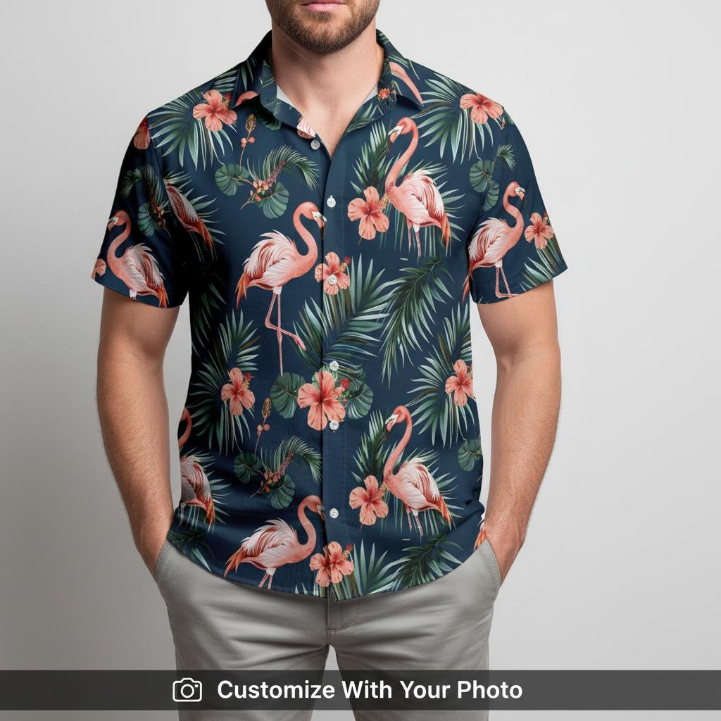 Man in navy flamingo print Hawaiian shirt pink flowers at tropical resort