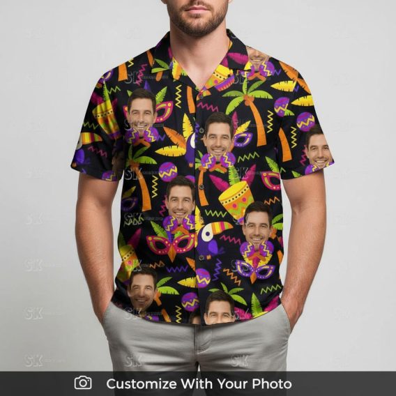Man in neon Hawaiian shirt featuring drums, masks, palm trees and bright party colors