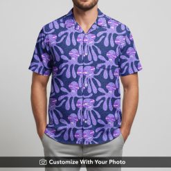 Man in octopus Hawaiian shirt with swirling blue and purple motif, enjoying the sun