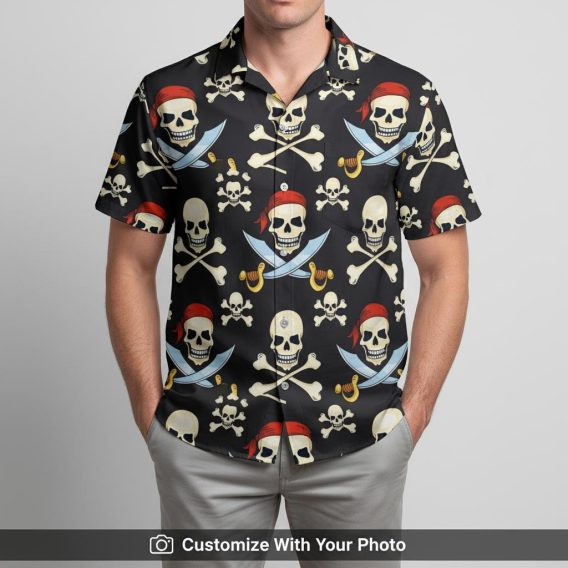 Man in pirate skull Hawaiian shirt featuring skulls, bones, and crossed swords