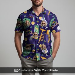 Man in purple tropical Hawaiian shirt featuring custom face and bright cocktail design