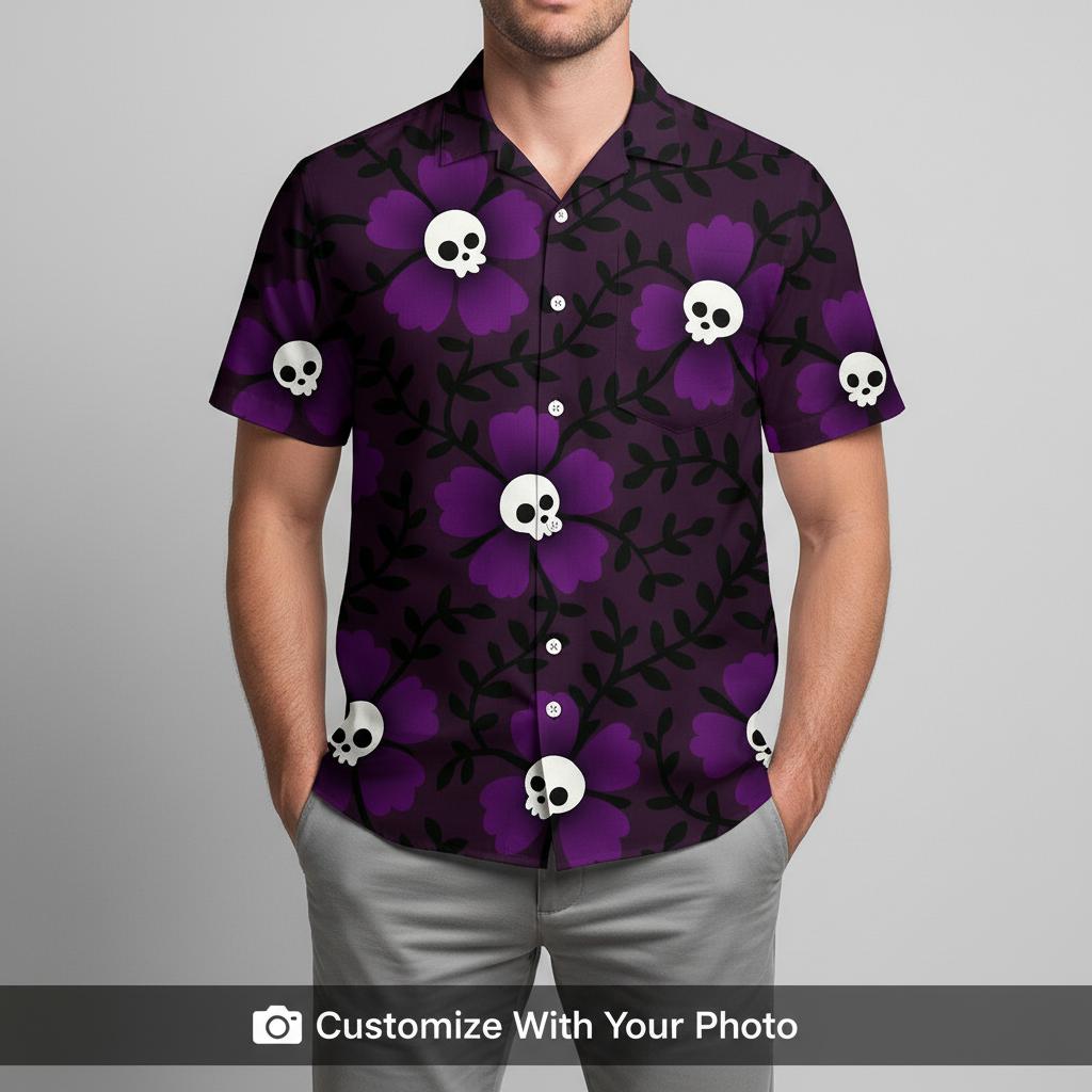 Man in purple Hawaiian shirt with skulls and large purple flowers standing casually