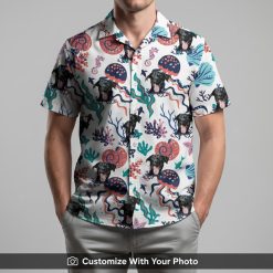 Man wearing white Spongebob Hawaiian shirt with dog face and marine accents