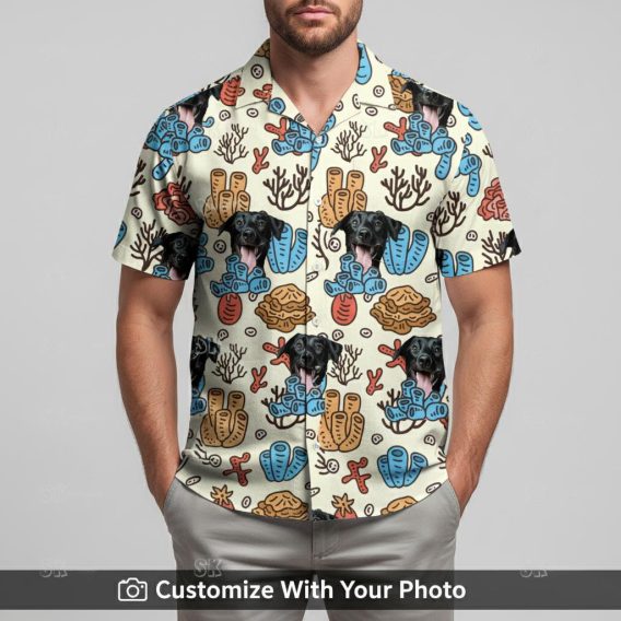 Man in tropical Spongebob Hawaiian shirt with dog, cream blue orange coral designs