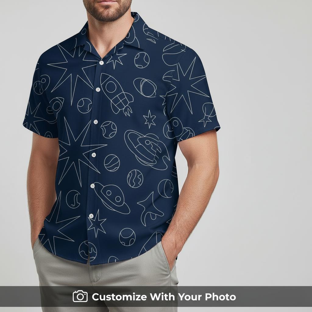 Man in Star Wars Christmas Hawaiian shirt with white outlined rockets and planets