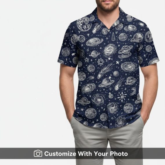 Man wearing Star Wars Tropical Shirt in blue with swirling galaxy and comet details