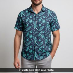 Man in Star Wars Aloha shirt with turquoise space, astronaut and rocket motifs